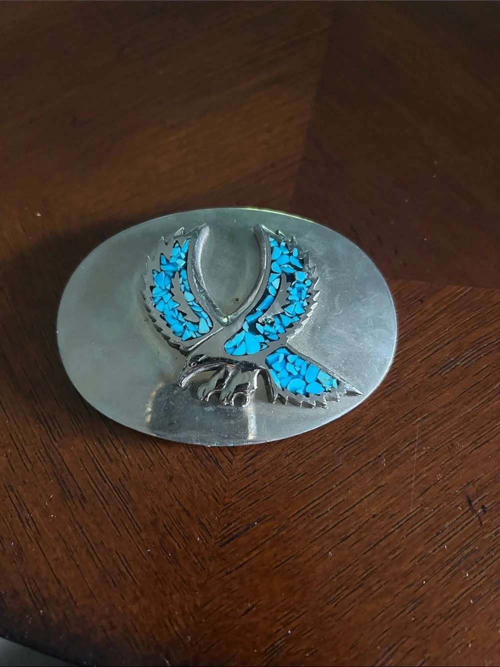 Silver Oval Belt Buckle with Turquoise Inlay Eagle